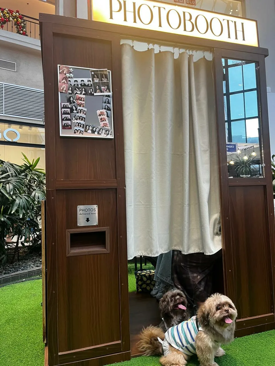 Photograph of the real FOTOHAVN booth at Evia, showing the cream curtain, Jacobean Walnut enclosure, photo display and print hatch.