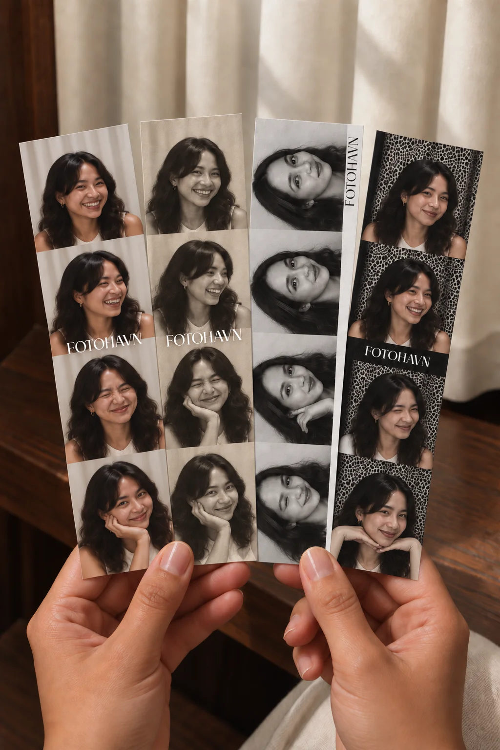 Four FOTOHAVN photostrips showing one guest in color, sepia, rotated monochrome, and high-contrast finishes.