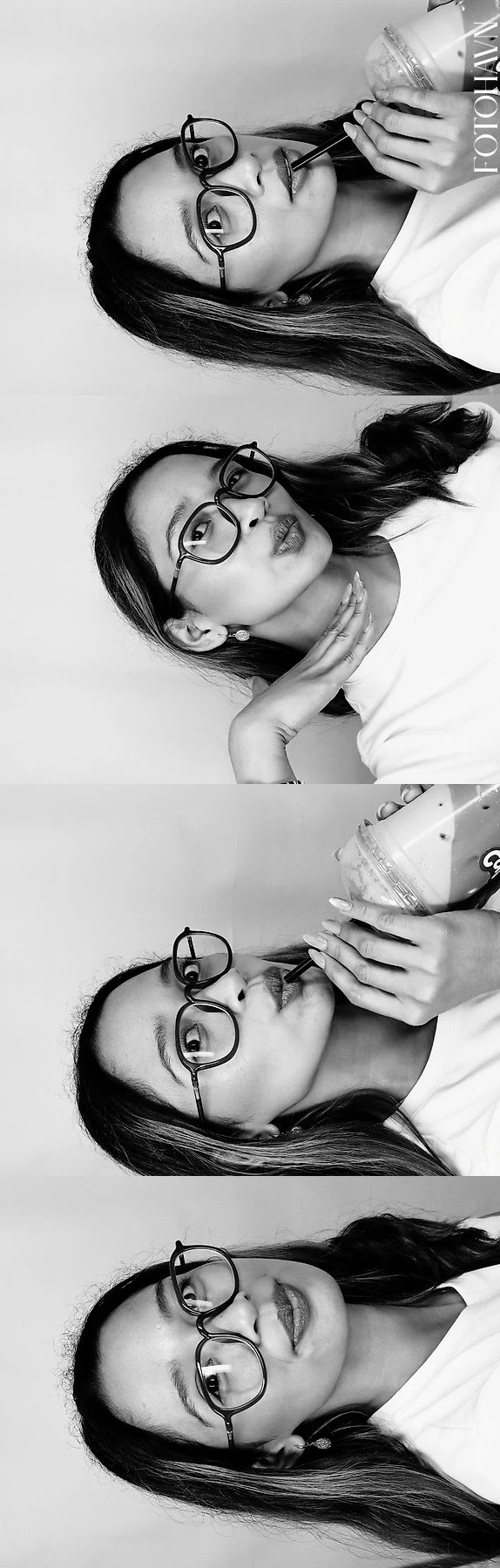 Four-frame monochrome Photo Strip of a guest wearing glasses, making different expressions.