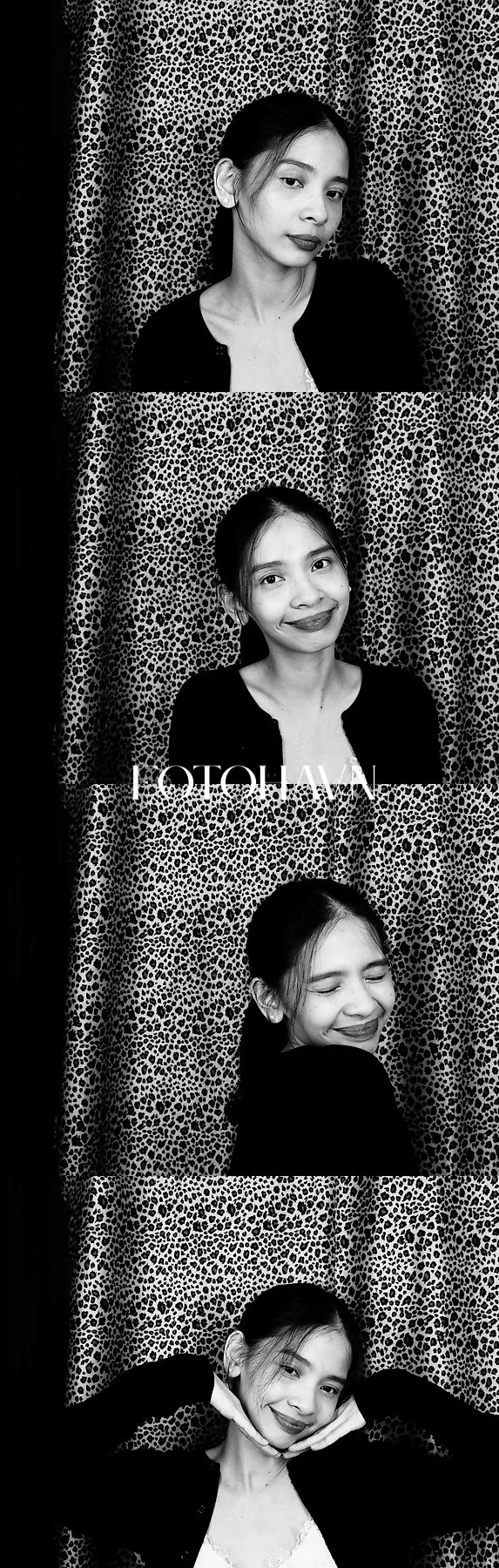 Four black-and-white portraits of a guest in front of a patterned curtain.