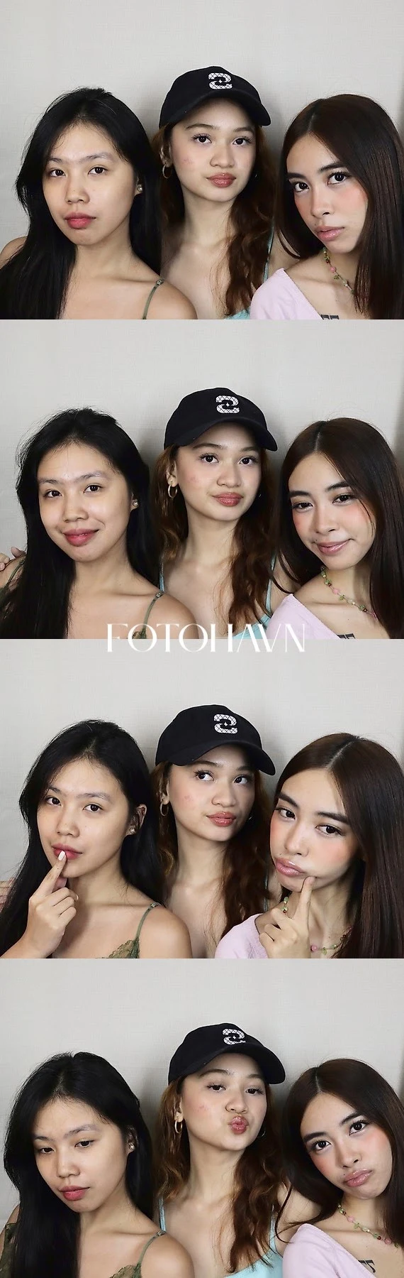A full-color, four-frame Photo Strip of three friends posing together.