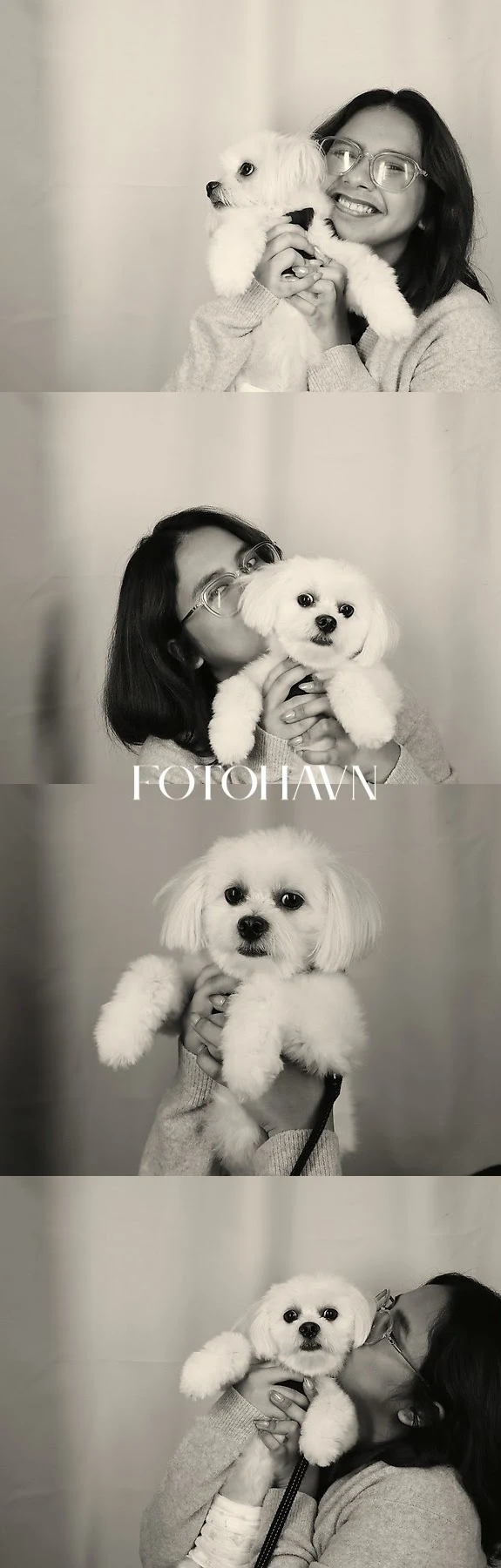 Four-frame sepia Photo Strip of a guest with a small white dog.