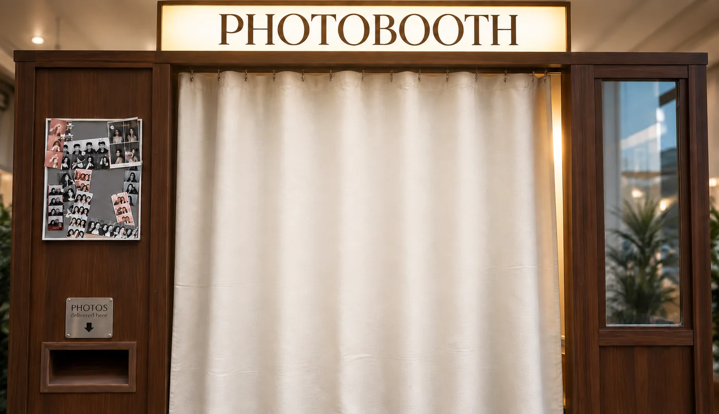 An illustrated FOTOHAVN booth with a glowing PHOTOBOOTH sign, walnut frame and closed cream curtain.